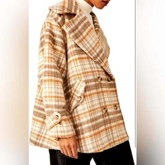 NEW! Free People Women's Highlands Wool Peacoat, in Brown and Cream. Size L